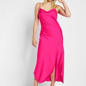 NWT EXPRESS Conscious Edit Satin Cowl Neck Asymmetrical Hem Maxi Slip Dress